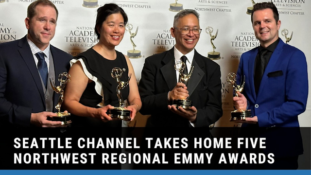 From left to right, Ian Devier, Shannon Gee, Randy Eng, and Chris Barnes pose with their Emmy awards.