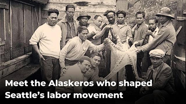 A historic black and white photo of Filipinos holding an octopus in Alaska.